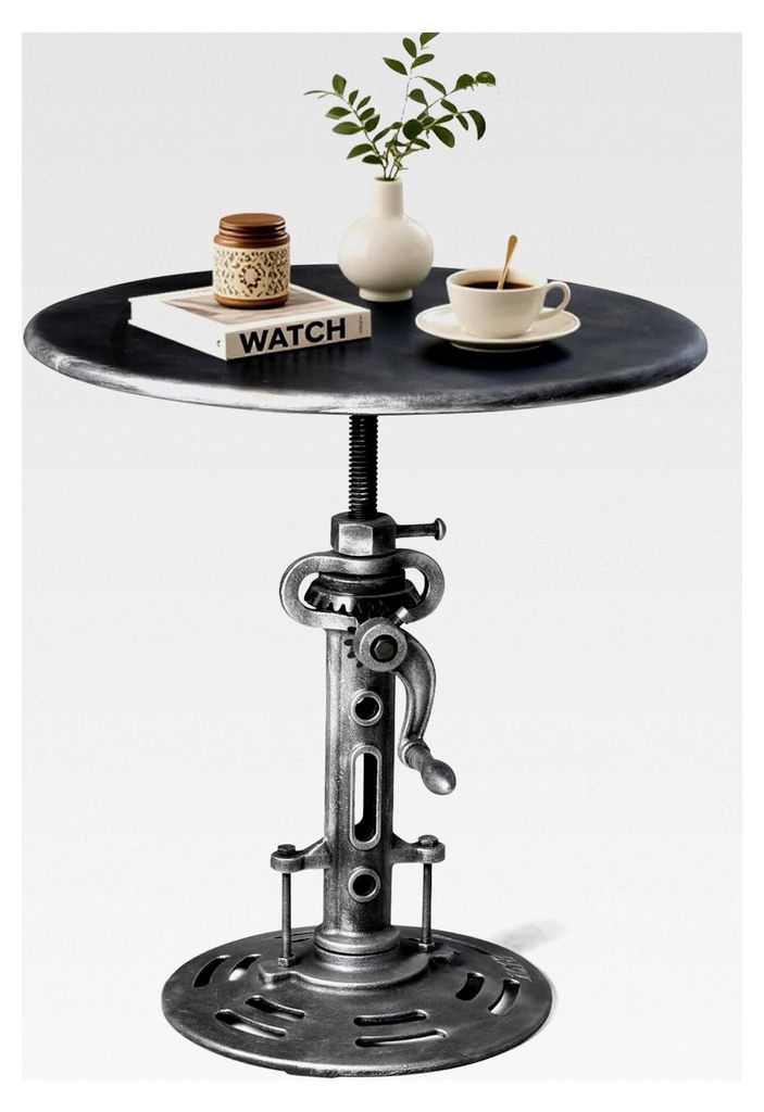 Vintage Industrietisch mit höhenverstellbarem Kurbelmechanismus für Zuhause oder Café – runder Eisen-Bistro-/Esstisch/Bürotisch im rustikalen...