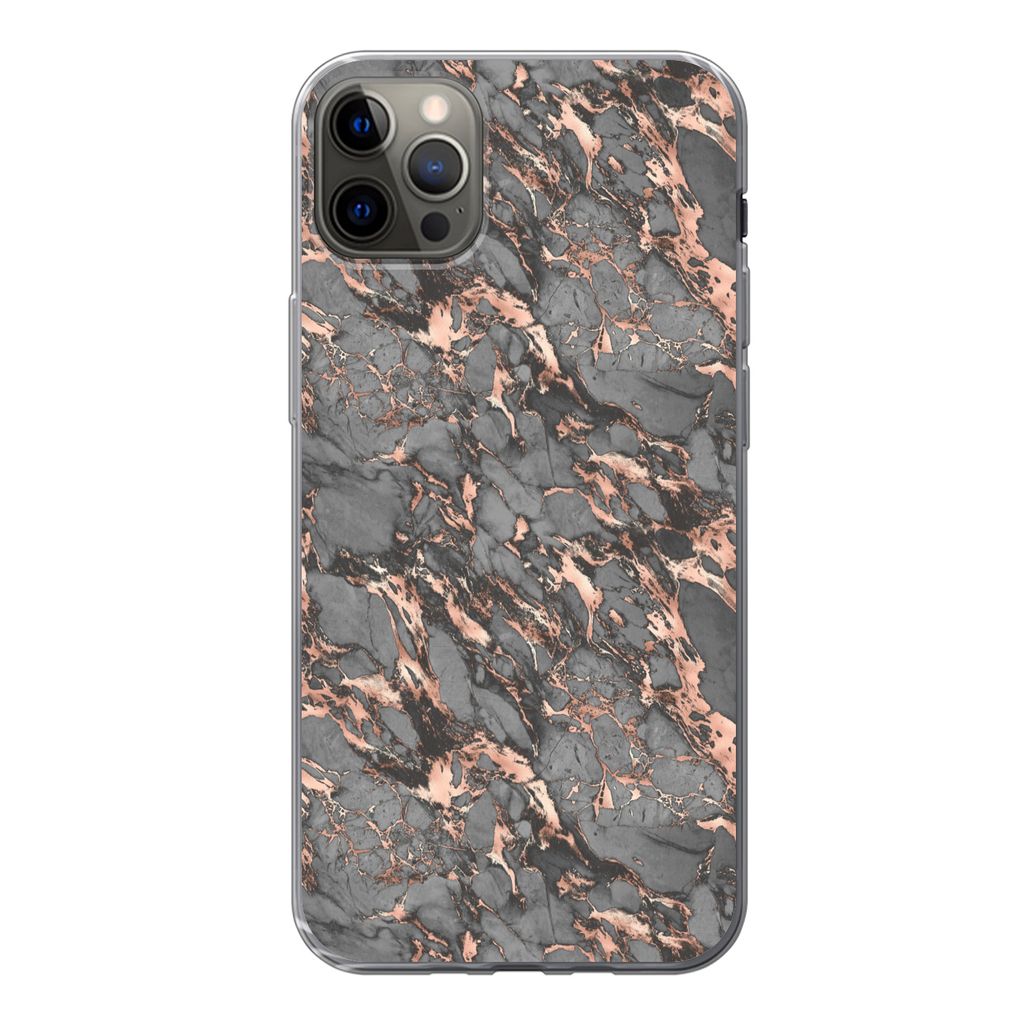 MuchoWow Handyhülle Schutzhülle Hülle für iPhone 12 Pro Max Marmor - Rose - Grau - Muster Silikon Softcase Handy Hülle - Hartschale