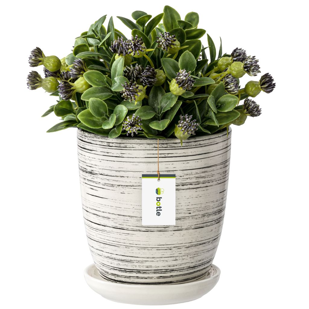 Blumentopf Blumenübertopf weiß gewischt Blumenschale mit Untersetzer Rund Höhe 26 cm Glanz Keramik Glamour