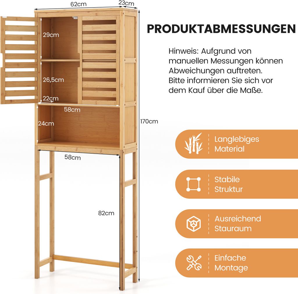 COSTWAY Über-Toilette-Speicherschrank, hoher Produktbild 2