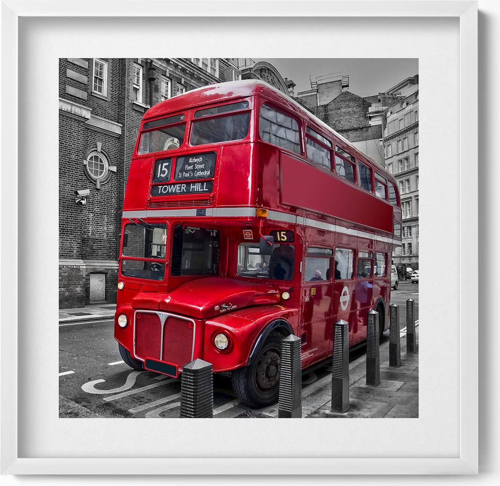 Roter Doppeldeckerbus– Wandbild mit Rahmen – Gerahmtes Bild – Wanddekoration – 50x50 cm – Weiß Rahmen