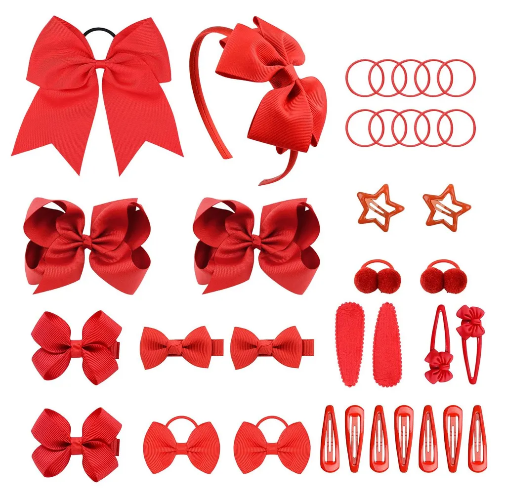 Barrettes Nœuds Rouges en Ruban et Élastiques Souples - Lot de 35