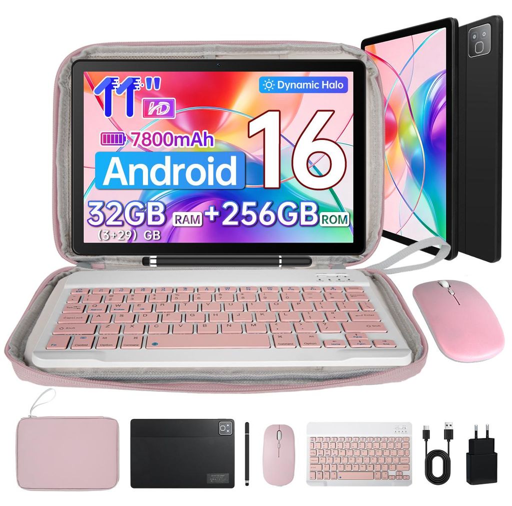 Tablet 11 Zoll, Android 16, 32(3+29)GB + 256 GB + 1 TB erweiterbar, 2-in-1 mit tastatur, stift, maus und tasche