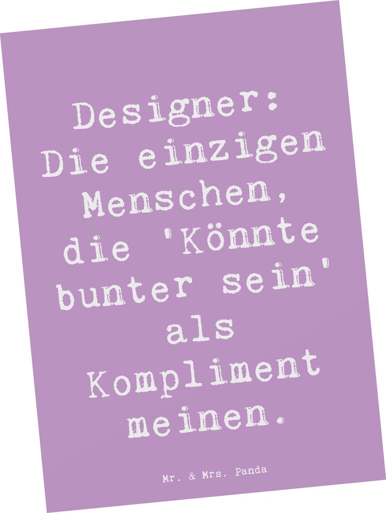Mr. & Mrs. Panda Postkarte Spruch Designer Kompliment - Lavendeltraum - Geschenk, Mode, personalisierte Geschenke, mit Herz, Berufsliebe, Farben, W...