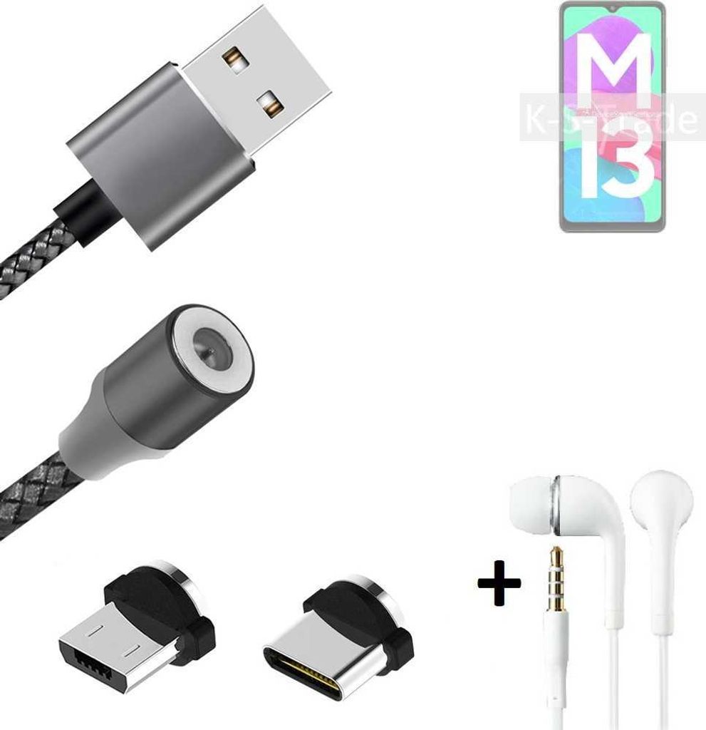 K-S-Trade Hochwertiges Magnet-Lade-kabel Sync-Kabel Daten-Kabel + Kopfhörer kompatibel mit Samsung Galaxy M13 4G mit USB-Typ-C-Anschluss und