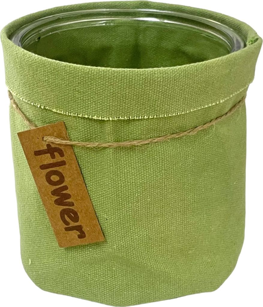 SANDRA RICH, Glas- VASE, Übertopf mit TEXTIL ÜBERZUG, 10x10,5cm GRÜN