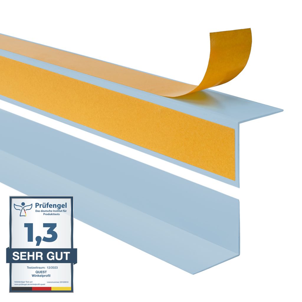 Winkelprofil Selbstklebend QUEST 15x15 mm, Hart-PVC Kantenschutzprofil, Winkelleiste für Innenecken, L-Form, KTZ, hellblau, 200 cm