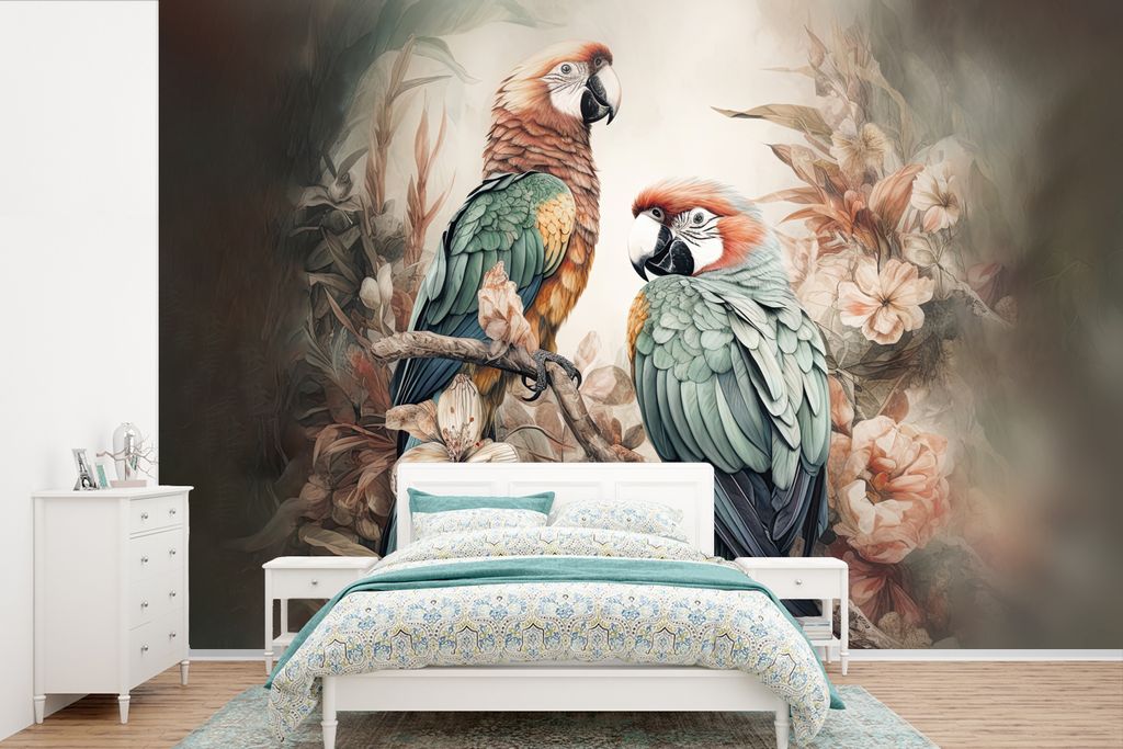 MuchoWow Fototapete für Wohnzimmer oder Schlafzimmer Wandtapete Vinyl Motivtapete Papageien - Vögel - Natur - Blumen - 330x220 cm - Fototapeten