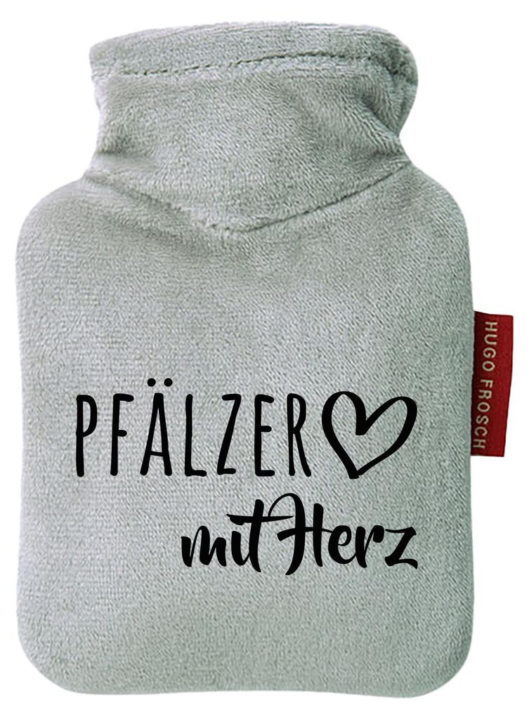 Huuraa Mini-Wärmflasche Pfälzer mit Herz 0,2 Liter Grey Mini Veloursbezug Taschenwärmer Geschenkidee