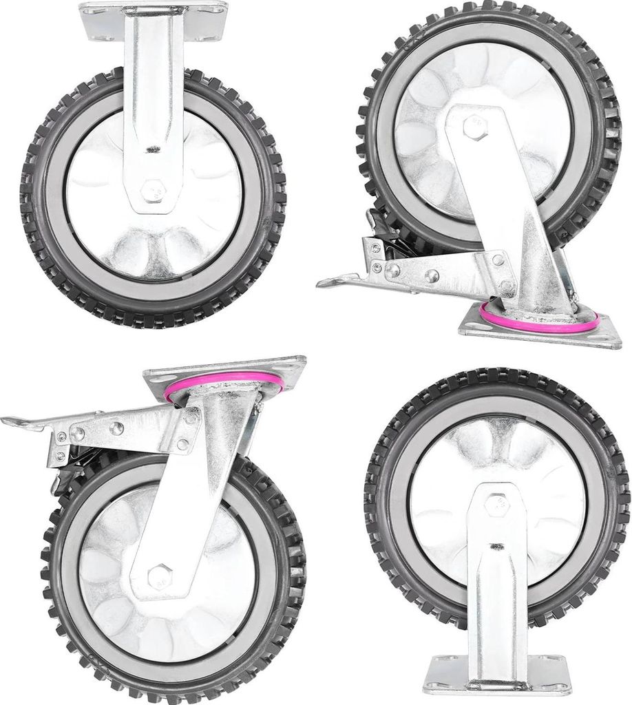 Lenkrollen - Transportrollen - 4er Set - 20,3 cm - Schwere Ausführung - Massiv - Fest + Bremse - Edelstahl - Silber