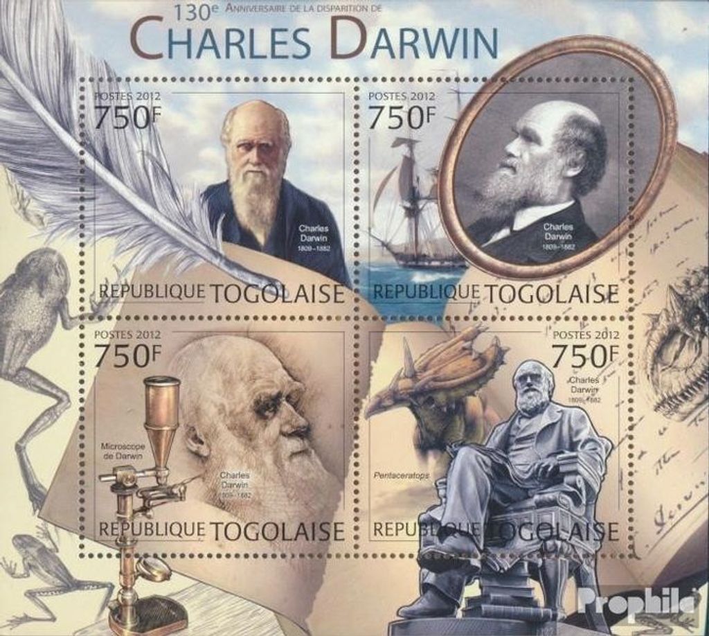 Briefmarken Togo 2012 Mi 4523-4526 Kleinbogen (kompl. Ausgabe) postfrisch Charles Darwin (130. Todestag)