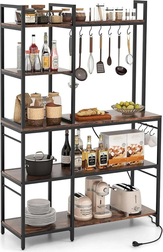 Küchenregal - Mikrowellen-Standregal - Mit Steckdosen - 5 Ebenen - 10 S-Haken - Traglast bis 100 kg - Vintage Braun