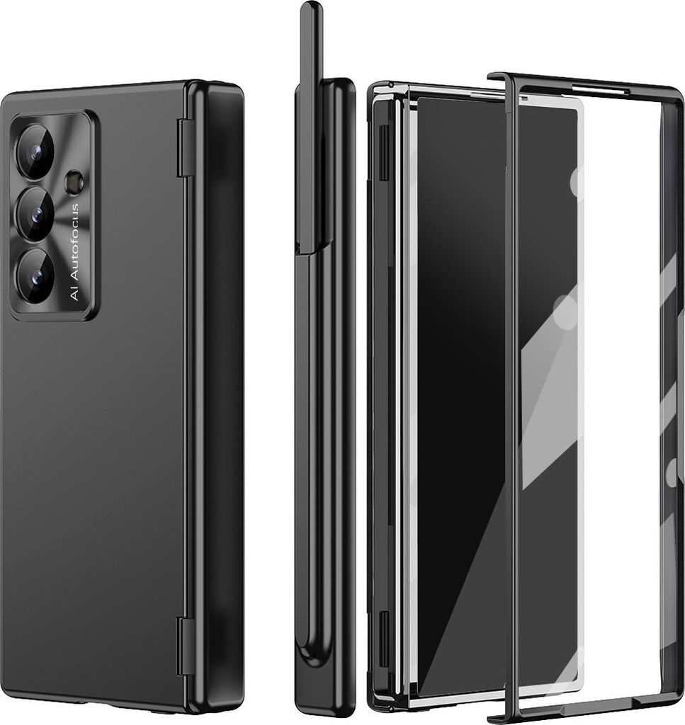 Hülle für Samsung Galaxy Z Fold 7 Magnet Scharnierschutz Stifthalter, Überzug Kratzfest Schutzhülle mit Linsenfolie, Displayschutz Schwarz
