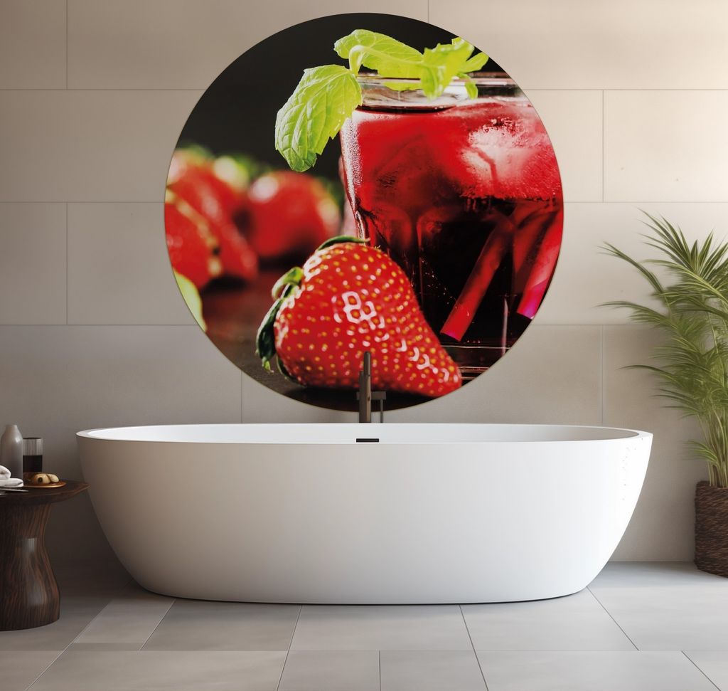 Wallario wasserfestes Poster selbstklebend 120 x 120 cm, Erdbeer-Mojito - Frische Erdbeeren, Badezimmerposter Spritzschutz mit Hochglanzoberfläche...