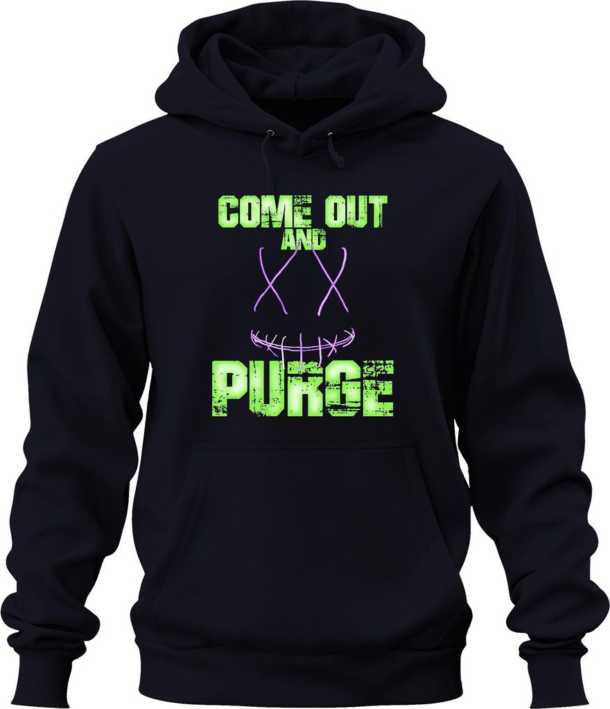 COME OUT AND PURGE Grusel Halloween Horror Neon Grunge Unheimlich Uni Hoodie Kapuzenpullover, Navy, XL