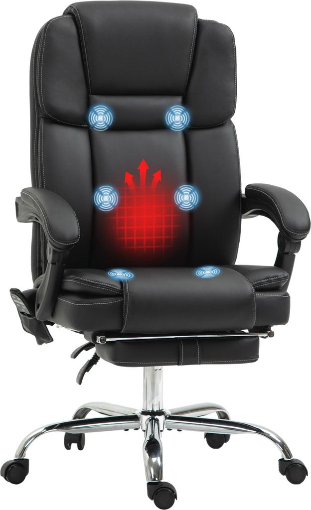 Vinsetto Verstellbarer Bürostuhl mit 6 Massagepunkten, Wärmefunktion, Fußstütze, Kunstleder, Schwarz