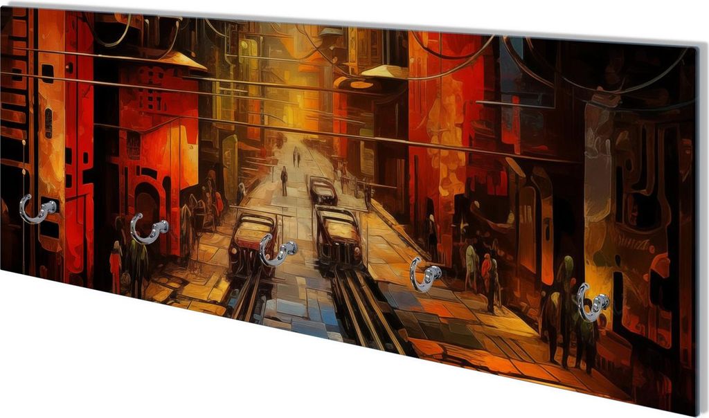 Wallario Flurgarderobe Wandgarderobe aus Glas, mit 5 Haken, Größe 80 x 30 cm, Motiv Stadt der Zukunft