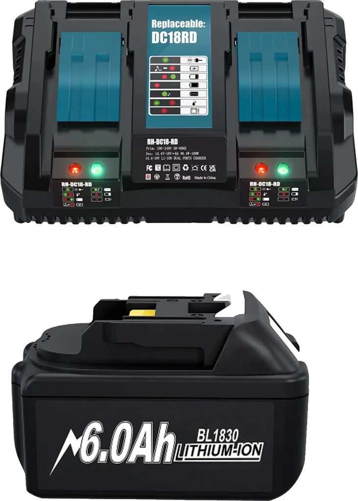 Batteria Ricambio BL1830 18V Litio 6.0Ah/9.0Ah e Caricatore Doppia Porta