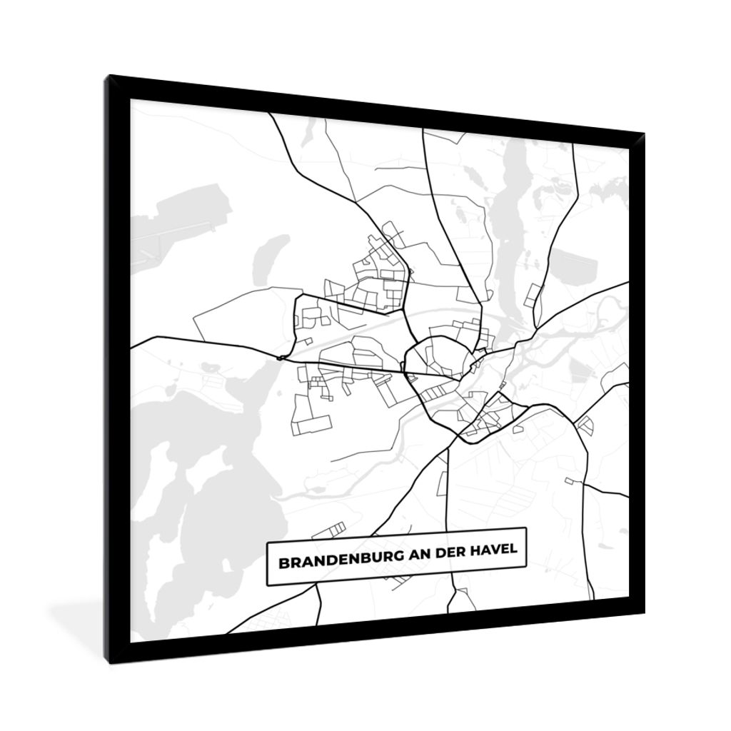 MuchoWow Gerahmtes Poster Brandenburg an der Havel - Karte - Stadtplan 40x40 cm - Poster mit Schwarzem Bilderrahmen Wandposter Rahmen Foto Bilder...