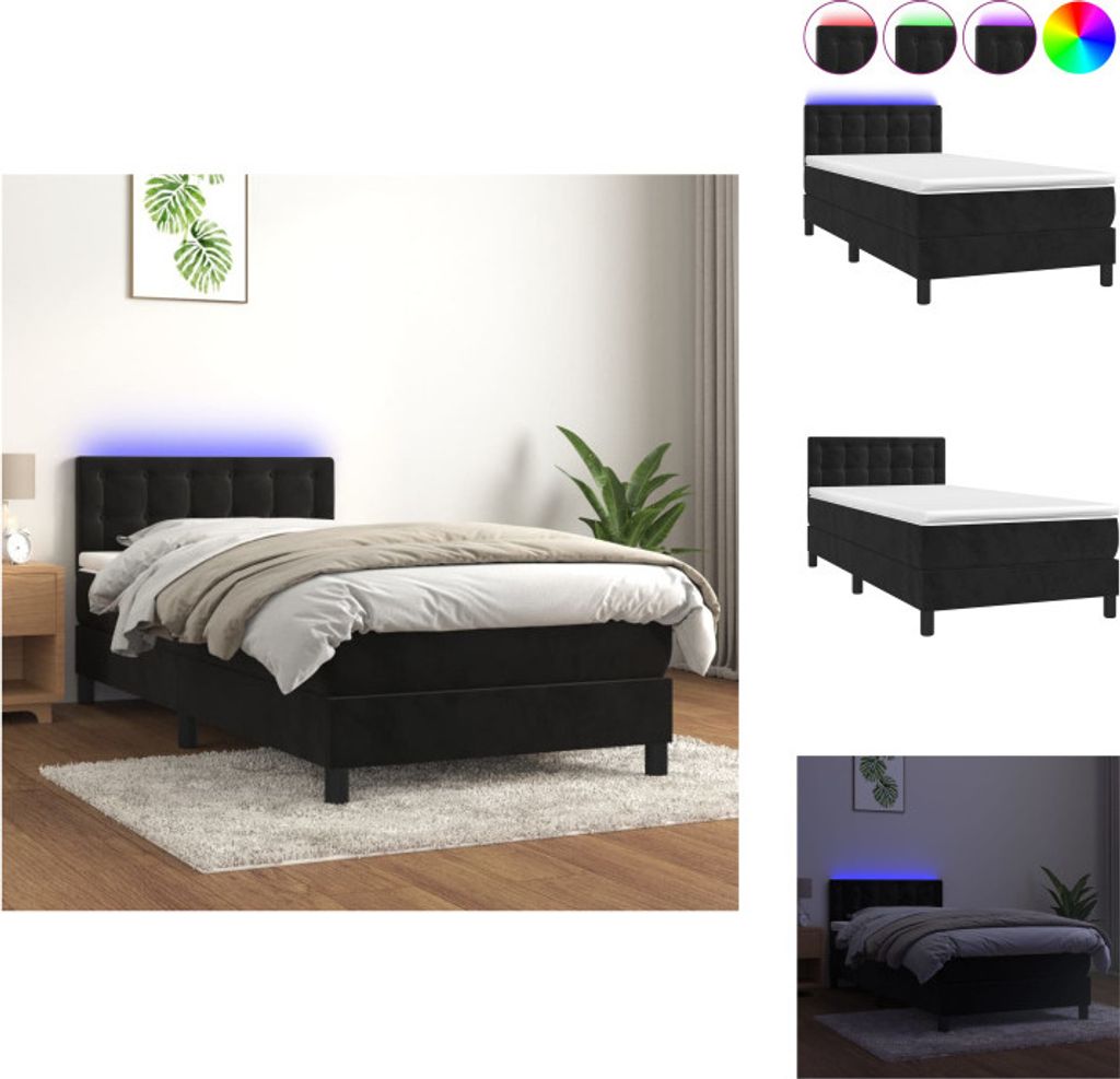 vidaXL Boxspringbett mit Matratze & LED Schwarz 90x200 cm Samt - Betten & Bettgestelle
