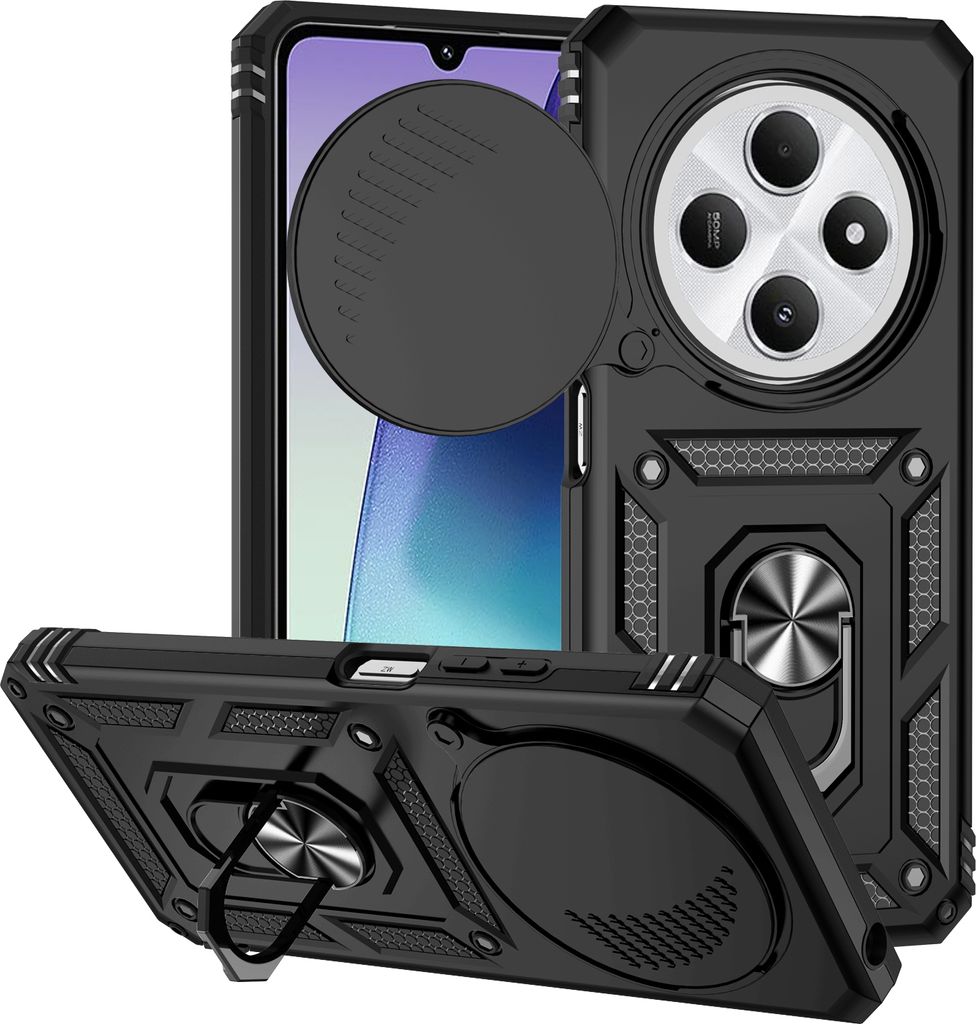 Hülle für Xiaomi Redmi 14C mit Schiebe Kamera Schutz und Ringhalter Ständer Hybrid Schutzhülle Schwarz
