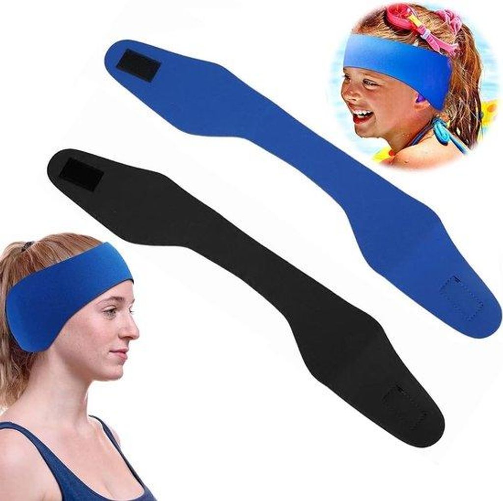 Elastische Neopreen-Haarbänder für Erwachsene, 2 Stück Schwimmbänder mit Ohrschutz, ideal für Schwimmen und Sport (Blau + Schwarz, M)