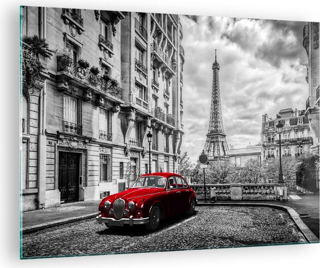 Bilder auf glas - Auto Eiffle Straße Gebäude - 70x50cm - Glasbilder - Wandbilder - Kunstdruck - zum Aufhängen bereit - Wanddekoration aus Glas -...