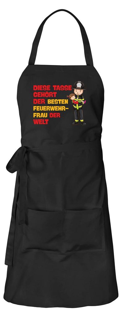 Huuraa Schürze Tasse gehört der besten Feuerwehrfrau der Welt Schwarz mit Taschen Baumwolle Kochschürze Geschenkidee
