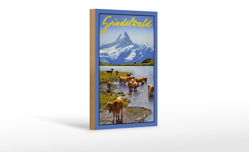Holzschild Reise 12x18 cm Grindelwald Kühe See Wiese Deko Schild