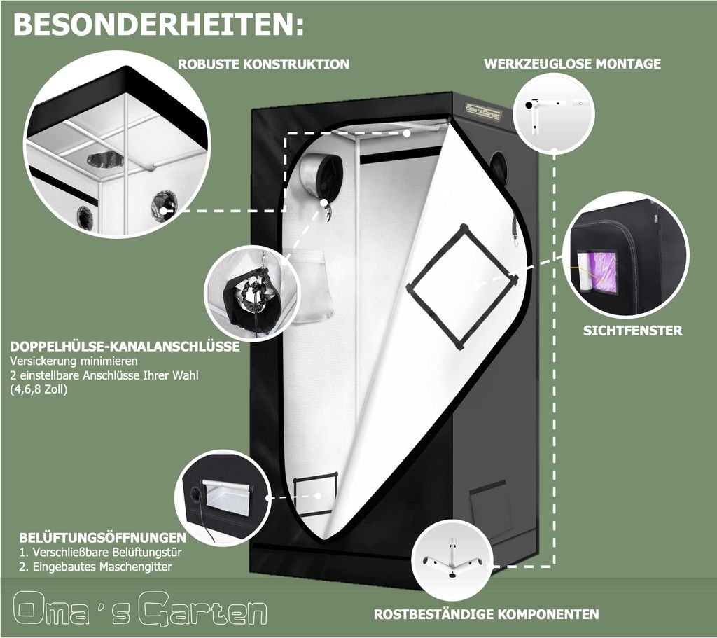 Sonnewelt Grow Tent, 600D Oxford Grow Box, 120 x 60 x 180 cm