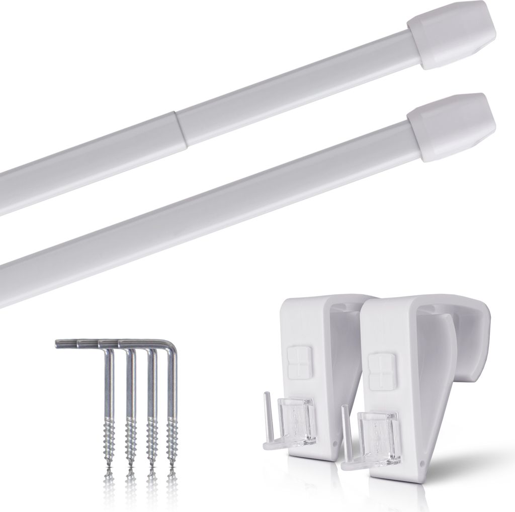 Vitragestangen weiß - perlweiß 60 - 90 cm + Klemmträger