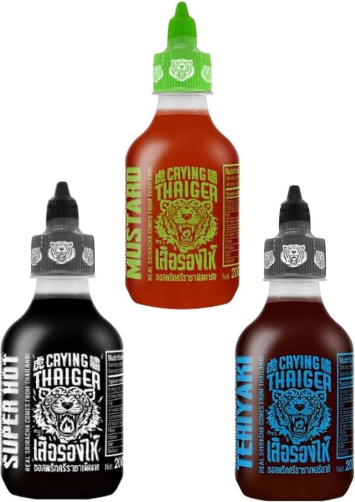 Crying Thaiger Sriracha 3×200 ml – Teriyaki, Mustard & Super Hot. Würzige Thailand-Saucen für BBQ & Asia-Gerichte + Heartforcards-Versandschutz.
