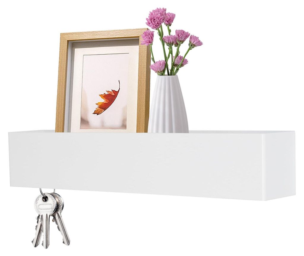 Schlüsselbrett mit Ablage, weißes Metall mit 5 Haken, Wandmontage mit Schrauben, für Flur, Eingangsbereich, Wohnzimmer, 43,5 x 7,5 x 8 cm
