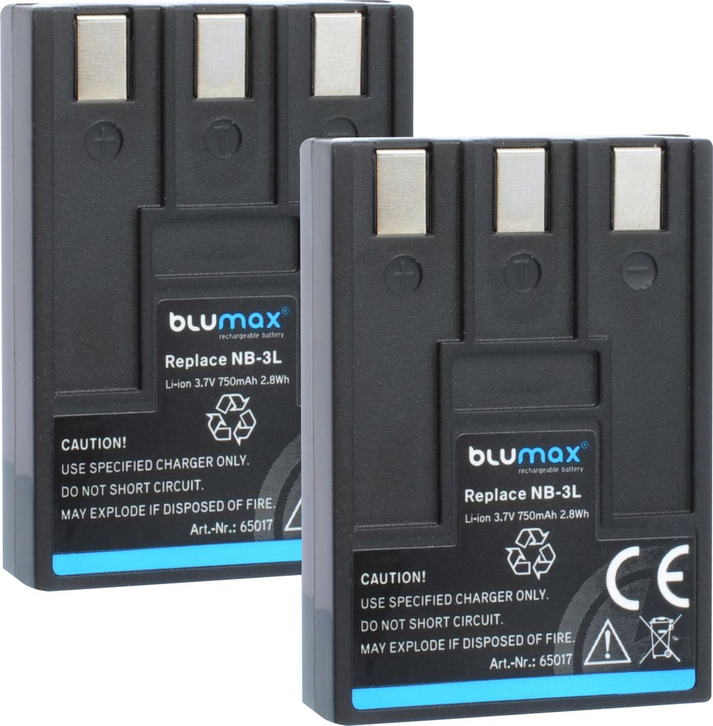 2x Blumax Akku | für Canon NB-3LH Digitalkamera | Kapazität 750mAh |Spannung 3,7Volt | Video- und Kamerazubehör