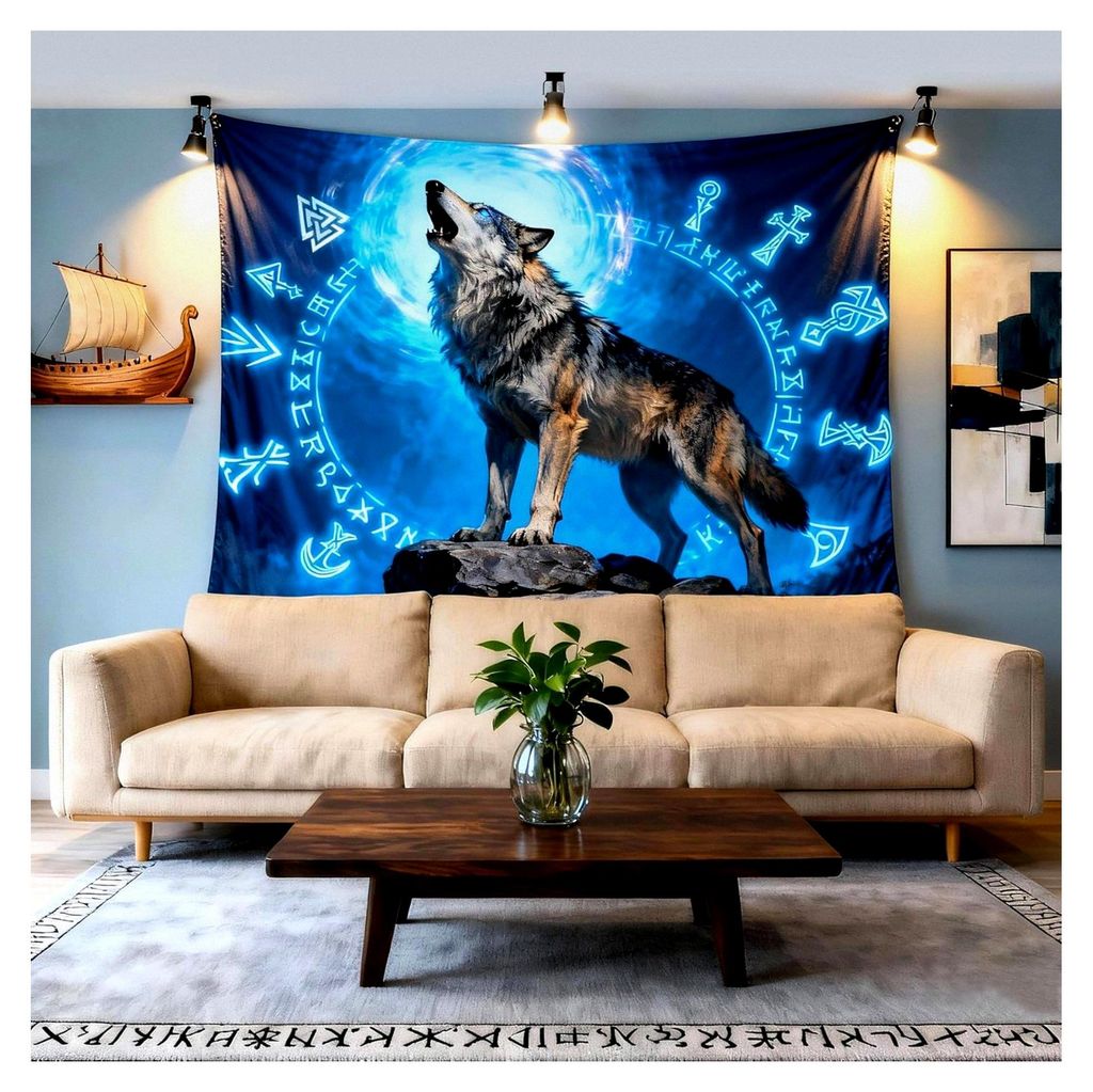 Wikinger Wandteppich mit Wolf Totem und Runen, nordische Mythologie, für Schlafzimmer und Wohnzimmer (200cm x 150cm)