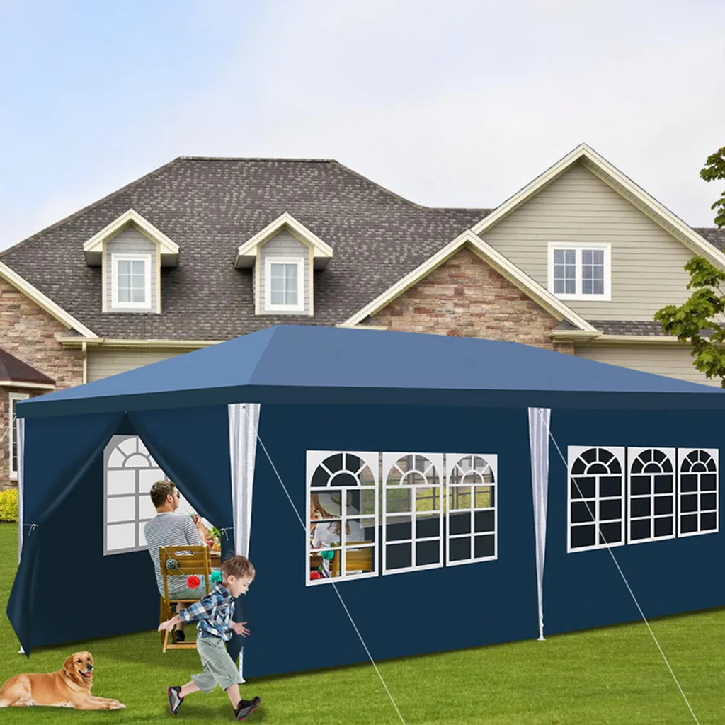 Gazebo Yakimz in polietilene e tubi d'acciaio - Lussuoso gazebo per feste in polietilene e tubi d'acciaio, pratico gazebo da giardino blu 3x6m