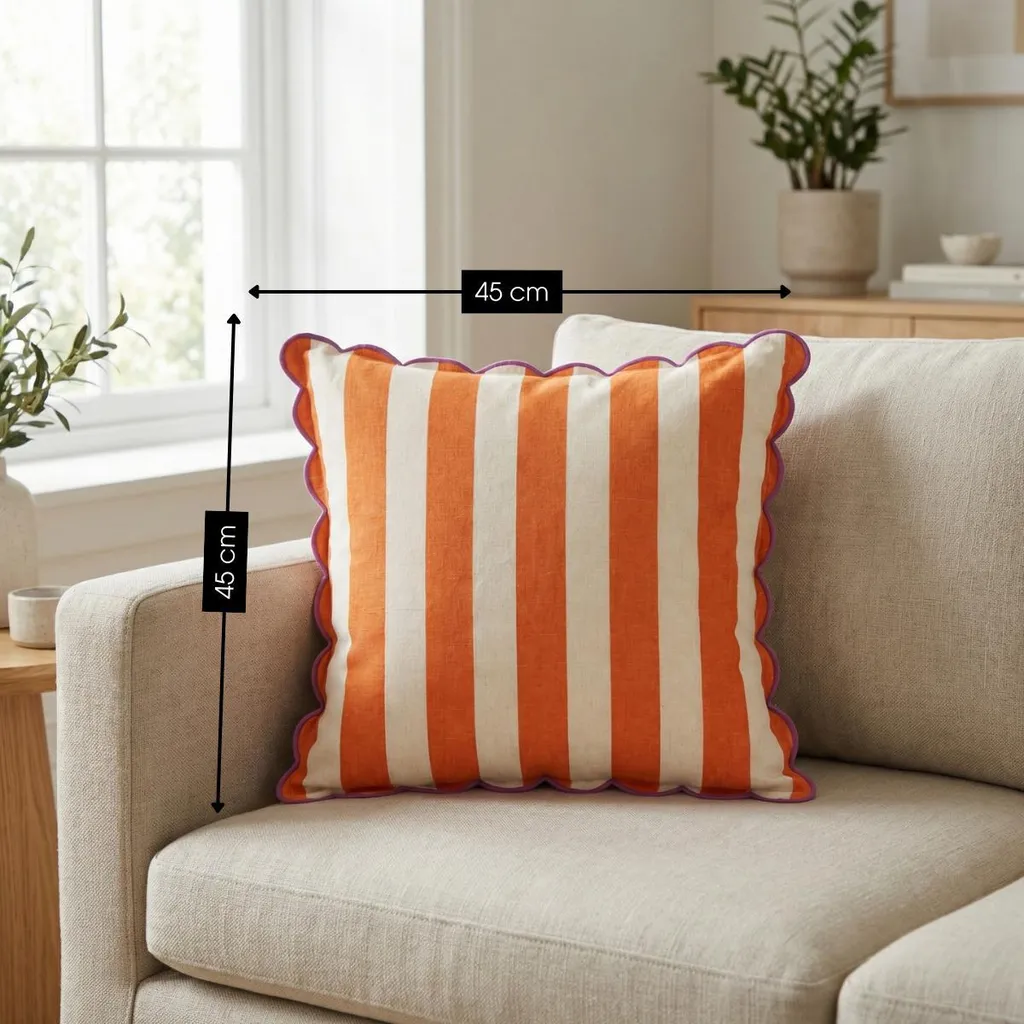 Coussin Décoratif Orange en Coton et Lin - Finition Rayée 45 x 45 cm - 3