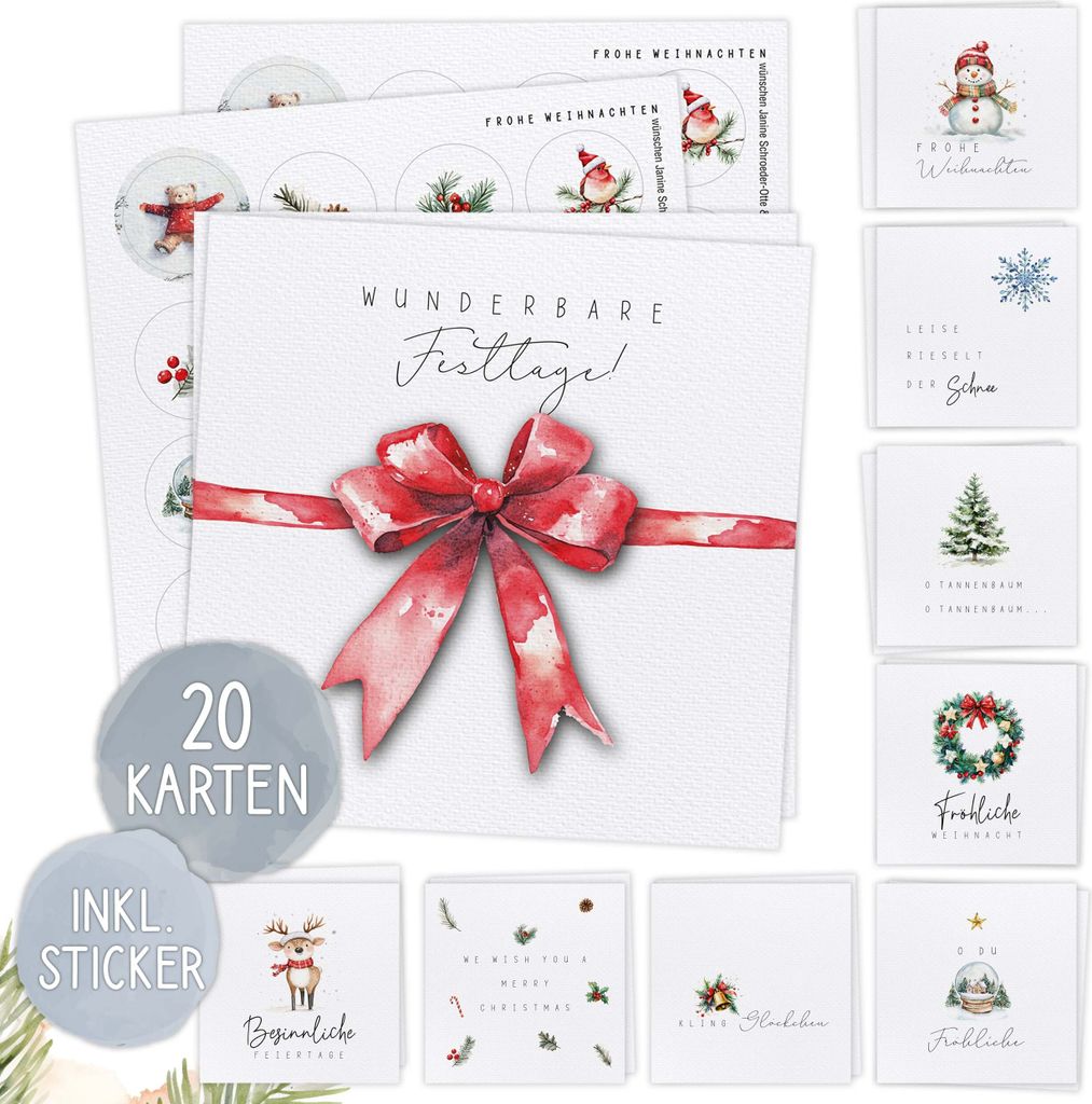 XXL 20x Weihnachtskarten Set mit Stickern - 20 große festliche Weihnachtskarten (14,8 x 14,8 cm) in verschiedenen Designs, inkl. Stickerbogen. Pos...