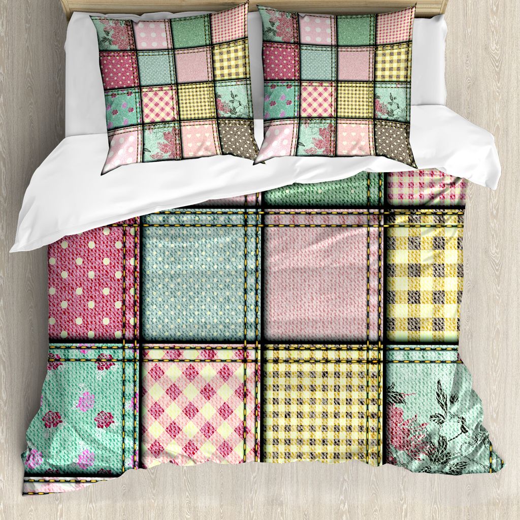 ABAKUHAUS Shabby Flora Bettbezug, Quadratische Stücke Tile, Milbensicher Allergiker geeignet mit Kissenbezügen, 155 cm x 220 cm - 80 x 80 cm, Meh...