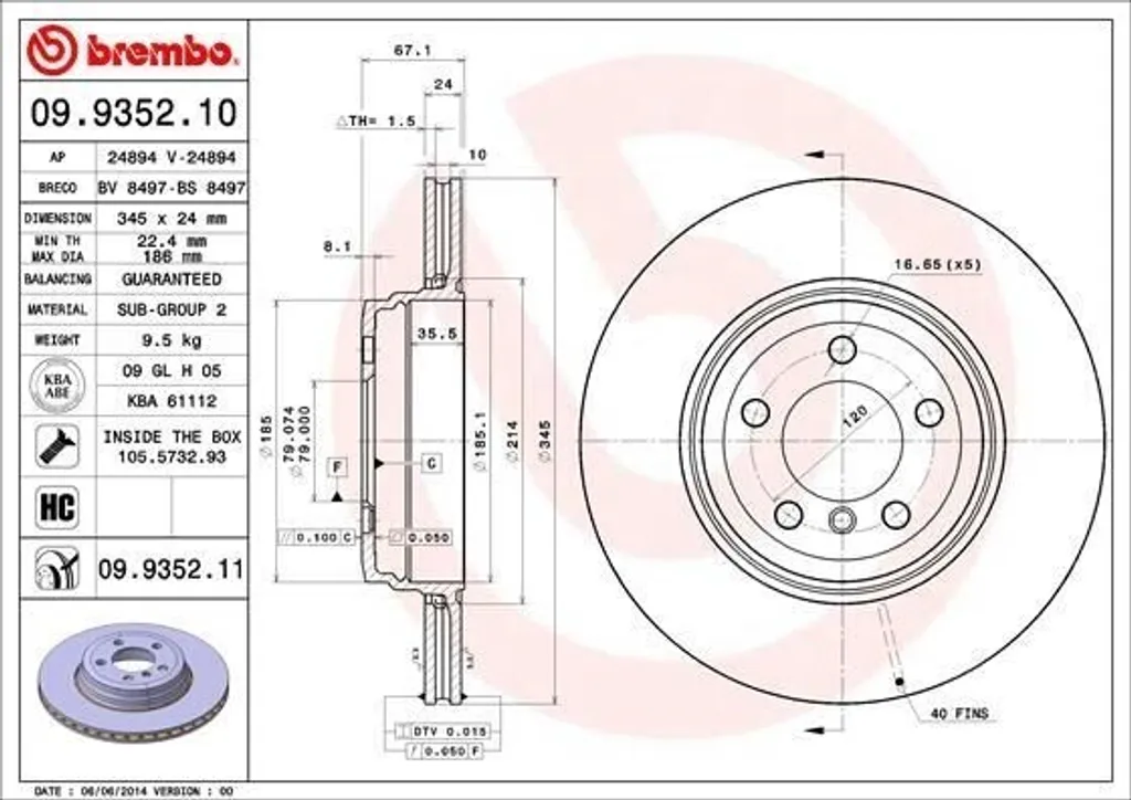 Disque de frein Brembo Haute Teneur en Carbone 09.9352.10 BMW E65 E66