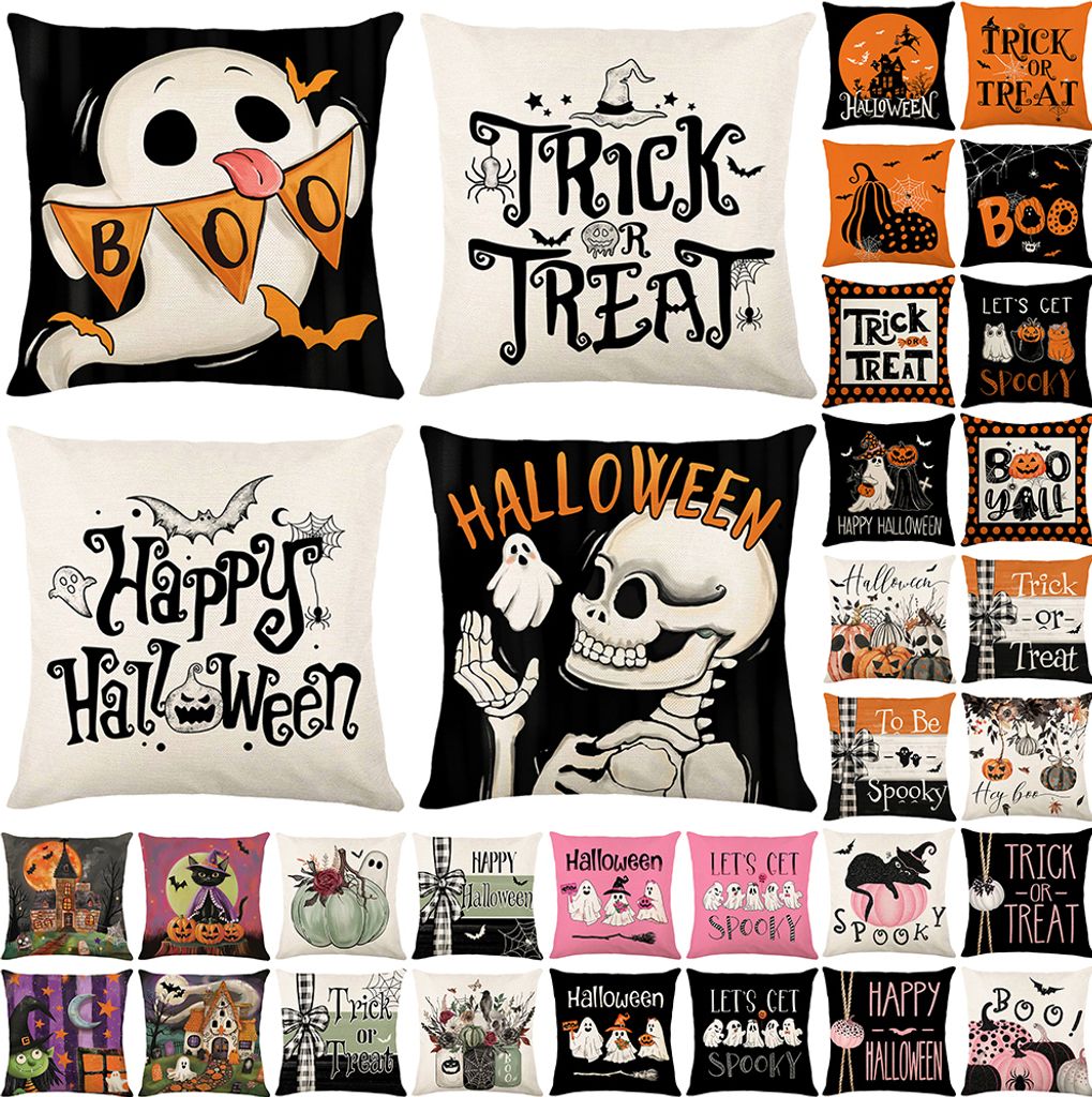 4 Stück Halloween Kissenbezug 45x45CM Kürbisse Hexerei Druck Deko Kissenbezüge für Halloween Sofa Trick Or Treat Leinen Überwurf Kissenbezüge...