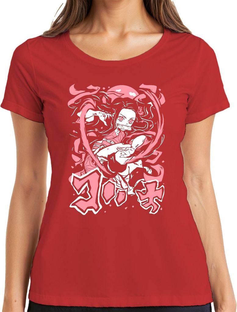 Nezuko Kimetsu no Yaiba Dämonenmädchen Bambus Kampfpose Rosa Damen T-Shirt, Rot, L