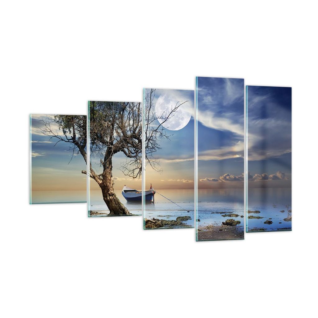 Bilder auf glas - Nacht Mond Boot - 100x60cm - Glasbilder - Wandbilder - Kunstdruck - zum Aufhängen bereit - Wanddekoration aus Glas - Glas Bilder...