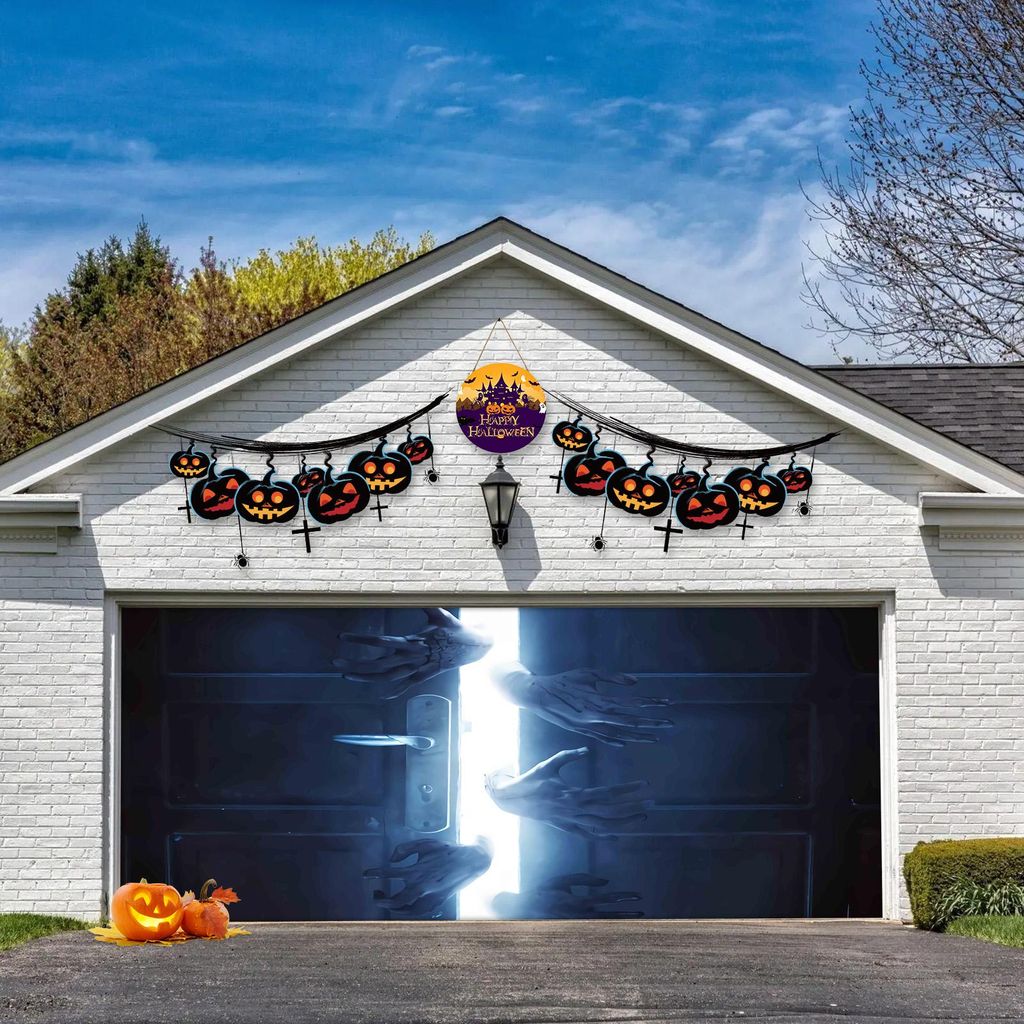 Gruseliges 400x185cm Halloween-Garagentor-Banner mit unheimlicher Hand-Szene - Außen-/Innendekoration für Partys