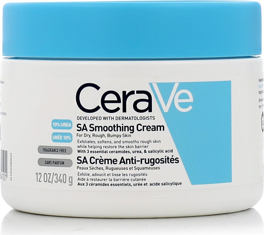 A white jar of CeraVe SA Smoothing Cream with blue lid and text labels.