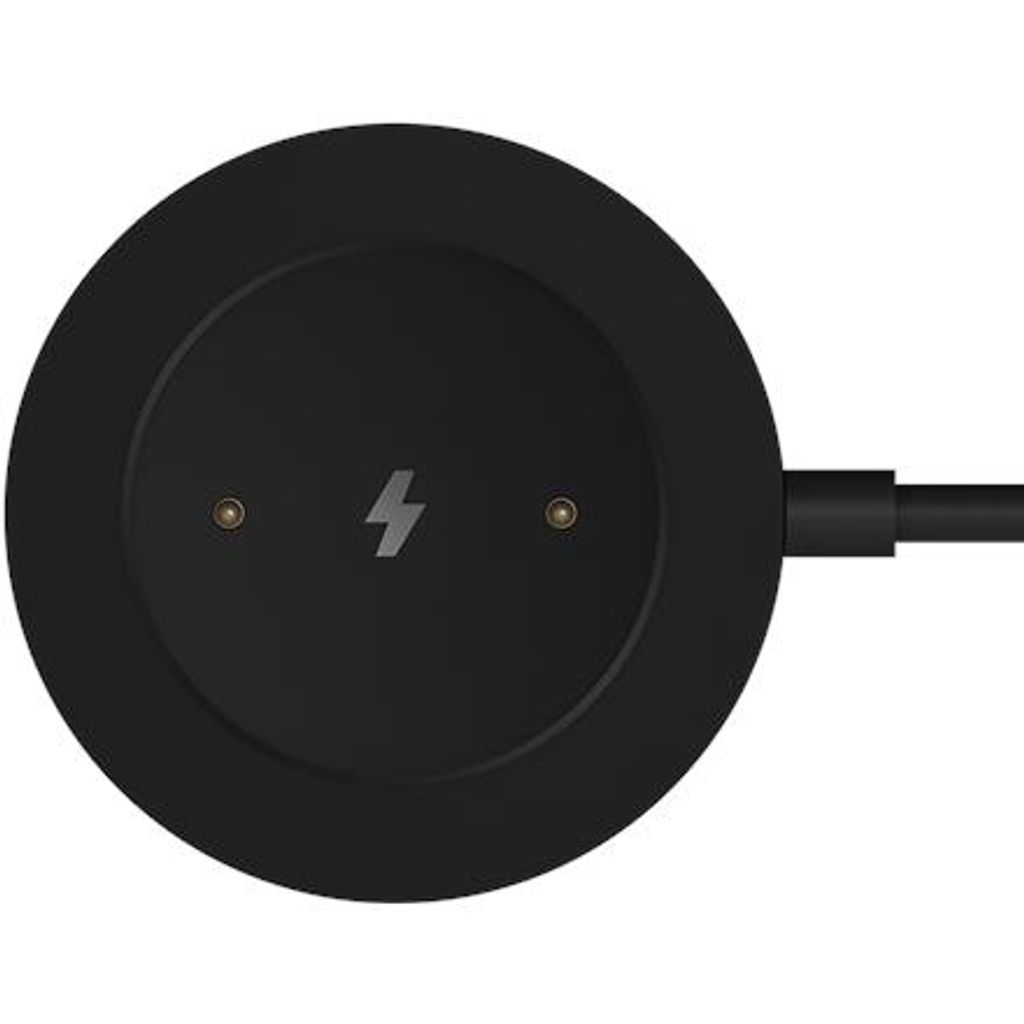 A black wireless charging dock for a smartwatch.