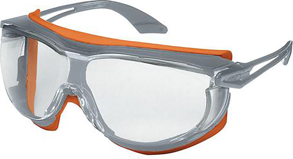 A pair of safety goggles on a white background.