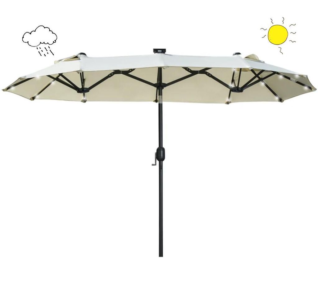 Doppelschirm mit LED,Terrassenschirm, Neigbar, mit Solarpaneel, Stahlrahmen 2,92 x 1,50 x 2,18 m