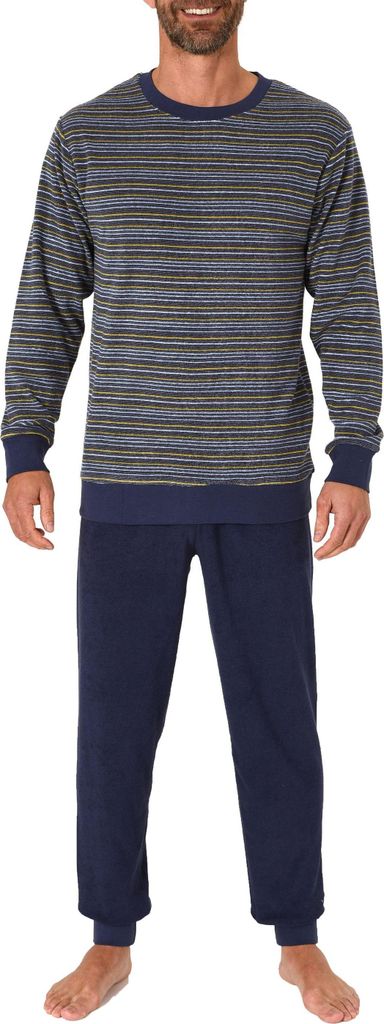 Herren Frottee Schlafanzug lang, Pyjama mit feinem Ringel-Muster - auch in Übergröße ; gelb , 48