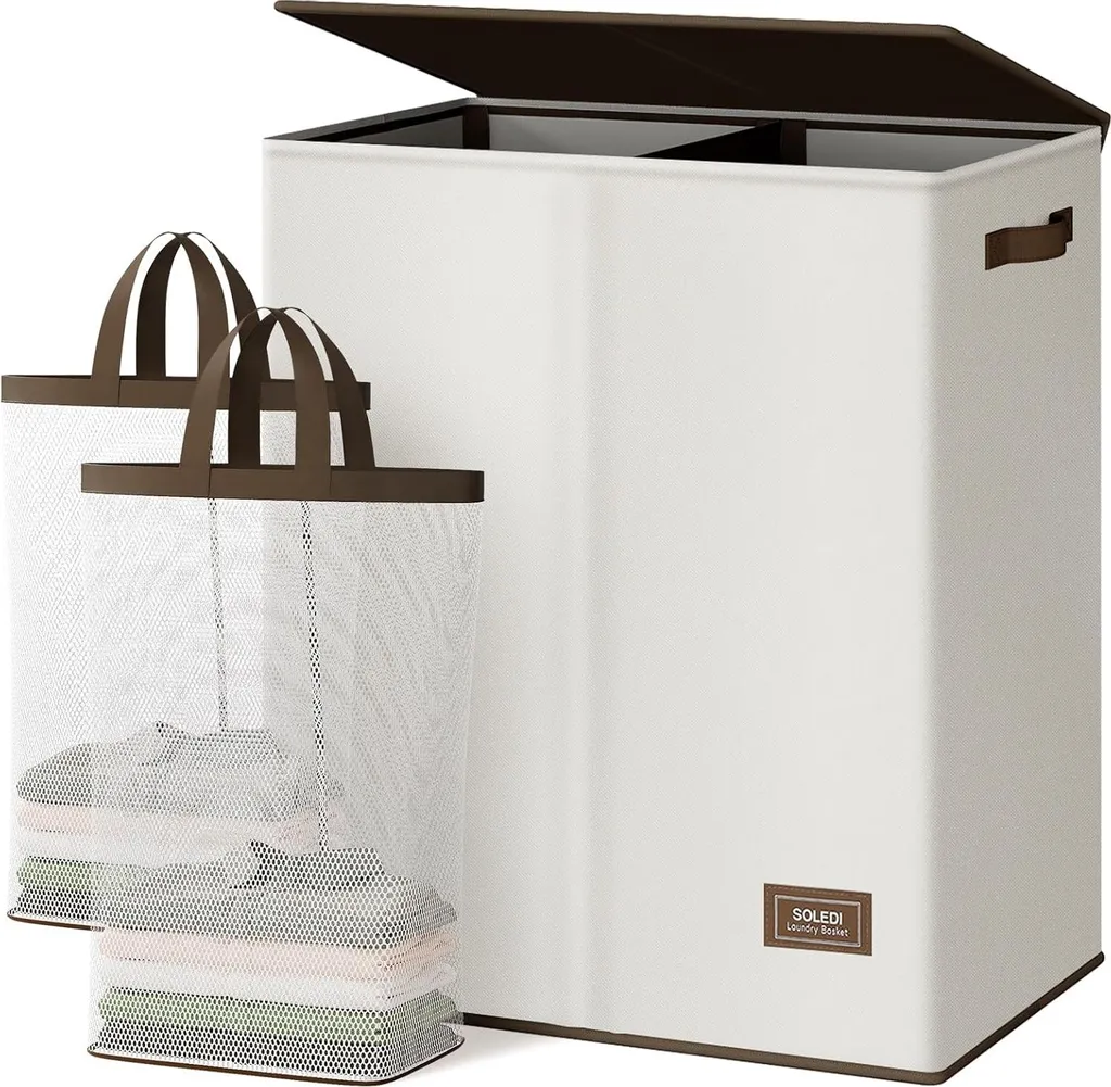 Bac à Linge Double Compartiment 145 Litres Blanc Cassé avec Sacs de Tri Intérieur